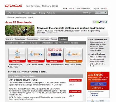 「Java SE Downloads」サイト（画像）