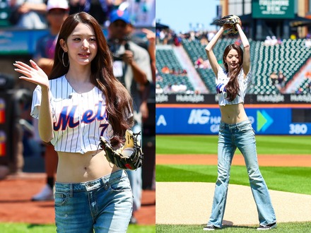 “ヘソ出し”ユニフォームで視線独占!IVE・ウォニョン、MLB始球式に登場 華麗な投球に歓声