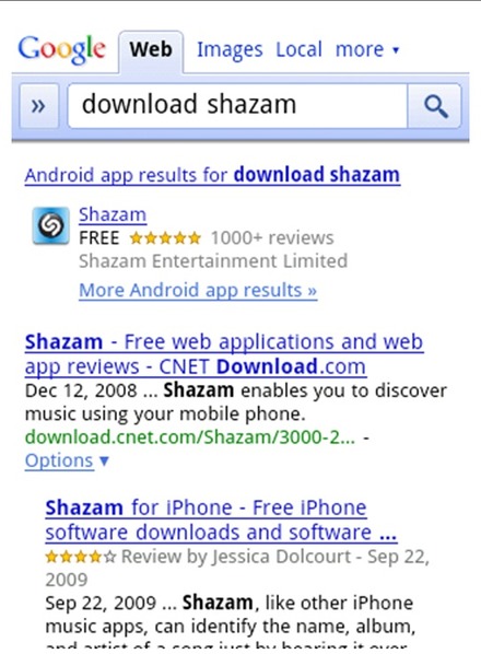 「download shazam」で検索した場合の検索結果
