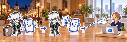 出張者の相談から、会社への第一報の下書きまで。送るのは出張者本人です(生成AIで作成したイメージ)