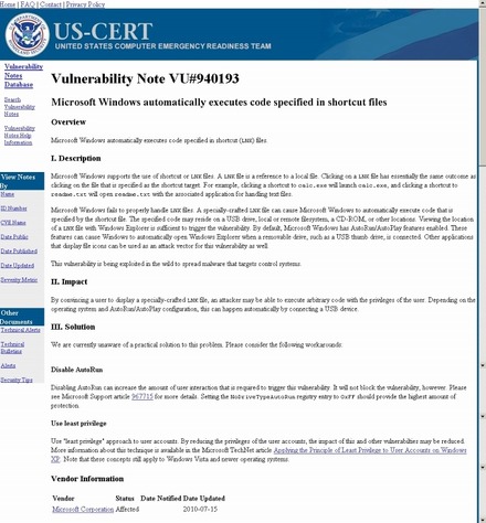 「US-CERT Vulnerability Note VU#940193」ページ（画像）