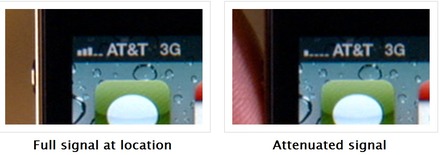 iPhone 4を「電波を弱める形で」持った際、電波が3本（左画像）から1本（右画像）に減少