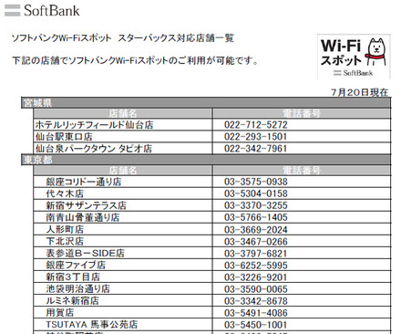 ソフトバンクWi-Fiスポット　スターバックス対応店舗一覧