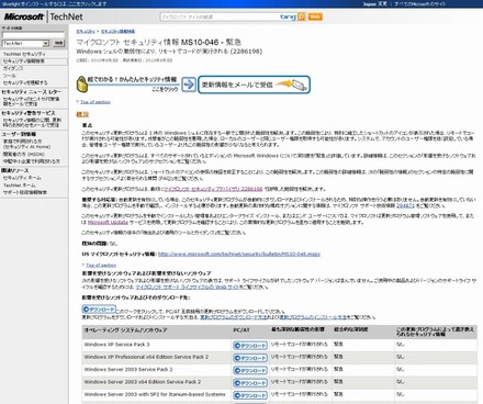 「マイクロソフト セキュリティ情報 MS10-046 - 緊急」画面