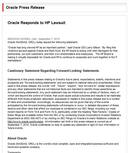 米オラクルは、HPからの提訴に対してすぐさま反論を表明