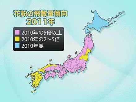 今年が少なかったこともあるが全国的に5倍以上が並ぶ。来年は花粉症もちには辛い年かも