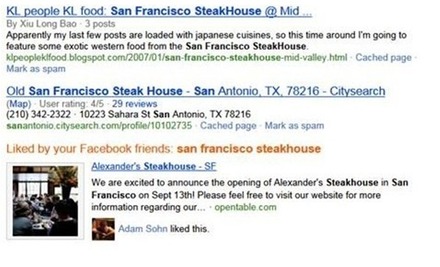 通常の検索結果の下に、Facebook上の友人（Adam Sohn）が「Like！」をしたレストラン（Alexander's Stekhouse）が表示
