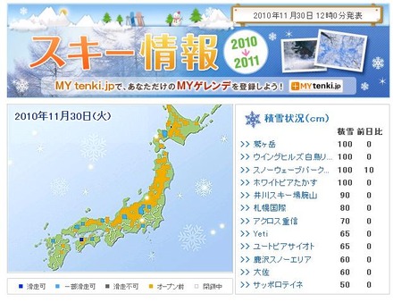 tenki.jp「スキー情報」。オープンしているスキー場もいくつか出てきている