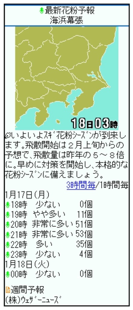 外出や洗濯などで気になる花粉飛散量を1時間ごとに予報（携帯版の画面）