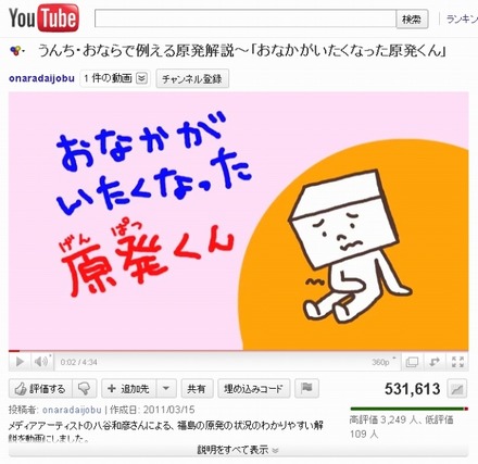 YouTubeではツイートをもとに動画化された「おなかがいたくなった原発くん」が公開中