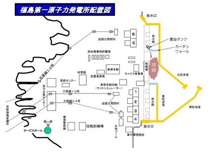 福島第一原発の配置図。図の右上が油漏れが確認された箇所