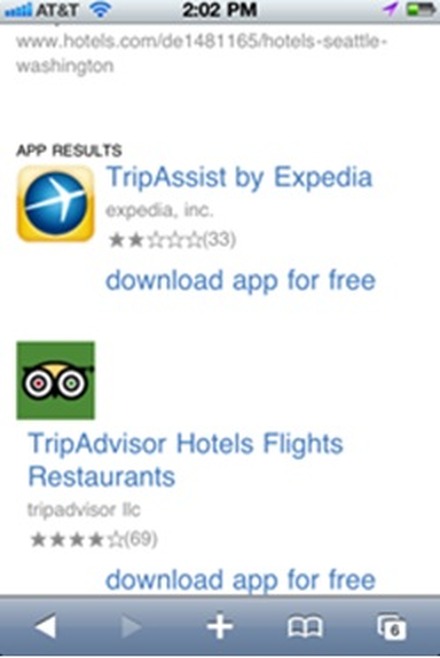 「Hotels in Seattle」（シアトルのホテル）の検索結果に表示されたアプリ