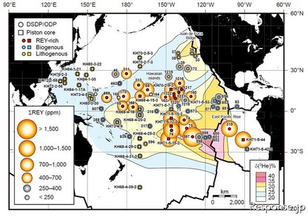 太平洋におけるレアアース資源泥の分布(表層2 m)と平均総レアアース含有量