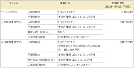 保険商品のプラン（加入時の満年齢が20歳～24歳の場合）