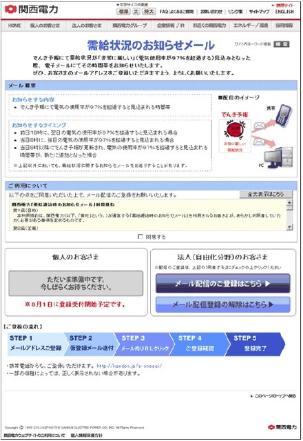 需給状況のお知らせメール（PCサイト）