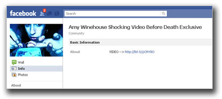 図1：「エイミー・ワインハウスさんの死亡前に撮影された動画を視聴できる」と称するメッセージの例 