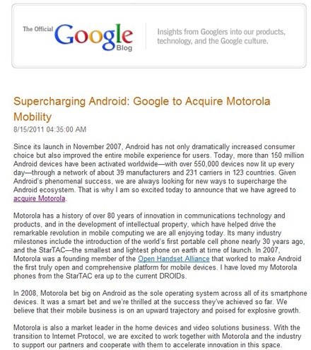 米グーグル（Google）は、米モトローラモビリティ（Motorola Mobility）を買収したと発表