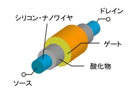 シリコン・ナノワイヤ材を用いた電界効果トランジスタのイメージ 