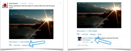 写真などの下に新しく追加されたハングアウトボタン