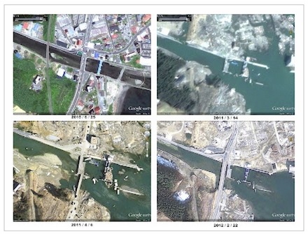 南三陸町南部に掛かる橋（左上より、震災前、震災直後、復興期、最新）