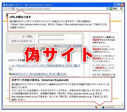 偽サイトの注意点（楽天銀行による）