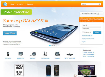 GALAXY S3をトップページに掲載するAT&T
