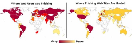 フィッシングサイトにアクセス末うユーザーとフィッシング歳tの所在地の分布