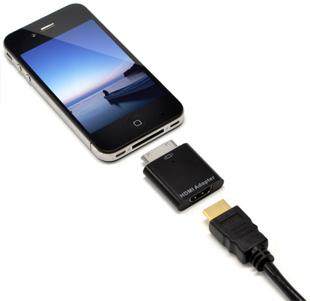 iPhoneのDockコネクタとHDMIケーブルをつなぐイメージ（iPhone/HDMIケーブルは別売）