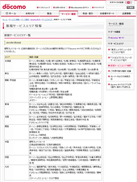 docomo Wi-Fi 新規サービスエリア情報