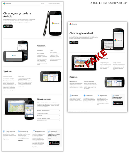 正規サイト（左）と偽サイト（右）。もはやクオリティに差を感じない