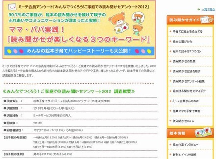 ミーテ ウェブサイト「みんなでつくろう！ご家庭での読み聞かせアンケート2012」