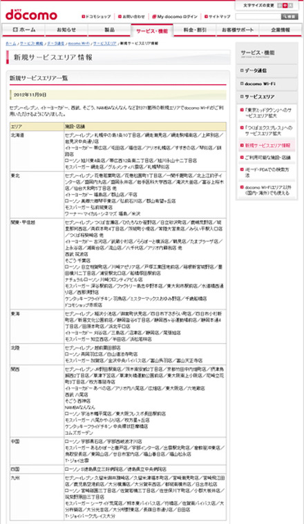 docomo Wi-Fi 新規サービスエリア情報