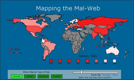 SiteAdvisorの画面表示。危険度を色分けし、地図の拡大・縮小もできる。ドメイン名での集計なので、その国のサイトが直ちに危険ということではない