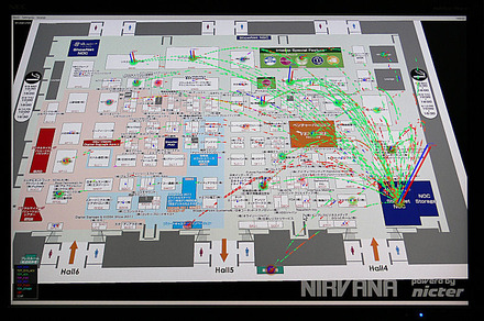 NIRVANAのデモ。INTEROP会場のShowNetのパケットを可視化。トラフィックの集中を把握したり、リンクの切断ヶ所の特定を早期に行えるなど、ネットワーク管理者の負担を大幅に軽減できる