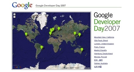 Google Developer Day 2007のホームページ画像。各国の開催概要などがGoogle Mapで見られるようになっている