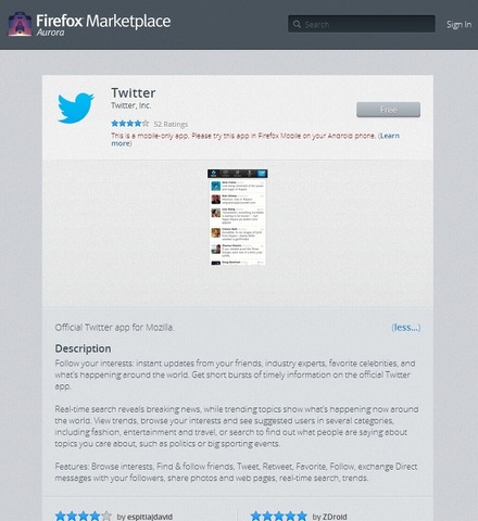 Firefox Marketplaceの「Twitter for Firefox OS」ページ