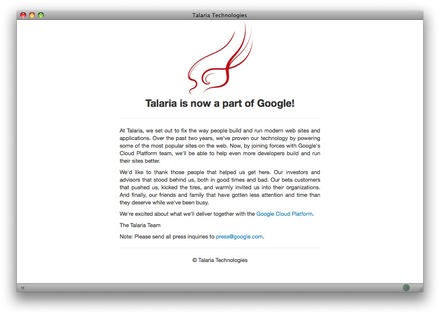 Talariaのホームページ。現在はGoogle合流の告知が見えるだけ。