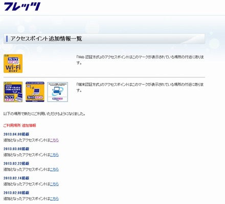 NTT西日本 フレッツ・スポット アクセスポイント追加情報一覧