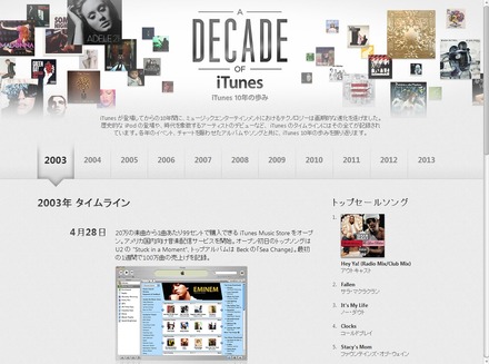 「A DECADE OF iTunes」2003年のタイムライン