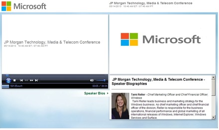 JP Morgan Technology, Media & Telecom Conferenceのページ。音声のみだが発表の模様が聴取できる