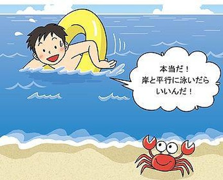 離岸流に乗ってしまった場合は海岸と平行に泳ぐ（イラスト：政府広報オンラインより）