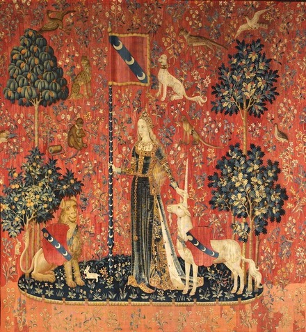 タピスリー《貴婦人と一角獣「触覚」》 （部分）1500年頃　羊毛、絹フランス国立クリュニー中世美術館所蔵