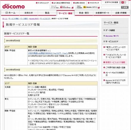 docomo Wi-Fi 新規サービスエリア情報