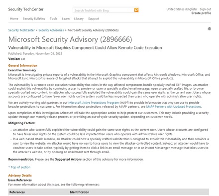 この脆弱性について説明したページ「Microsoft Security Advisory (2896666)」