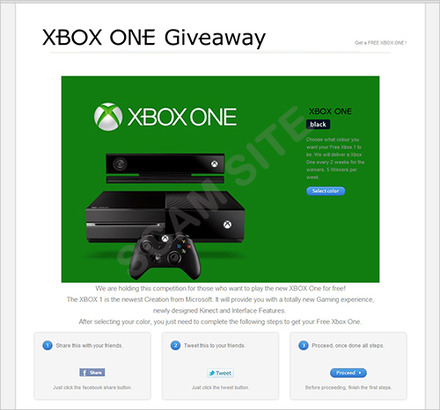 Xbox Oneを景品として広告する詐欺サイト