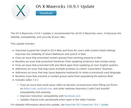 OS X Mavericks 10.9.1へのアップデート告知
