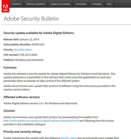 アドビによるセキュリティアップデート情報