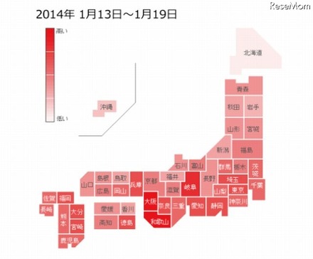 「インフルエンザ」の各都道府県別検索分布（1月13日～19日）