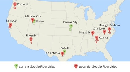 Google Fiberの普及。緑のピンが提供中の都市圏、赤のピンが今回、導入検討を開始した都市圏を示す