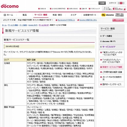 docomo Wi-Fi 新規サービスエリア情報